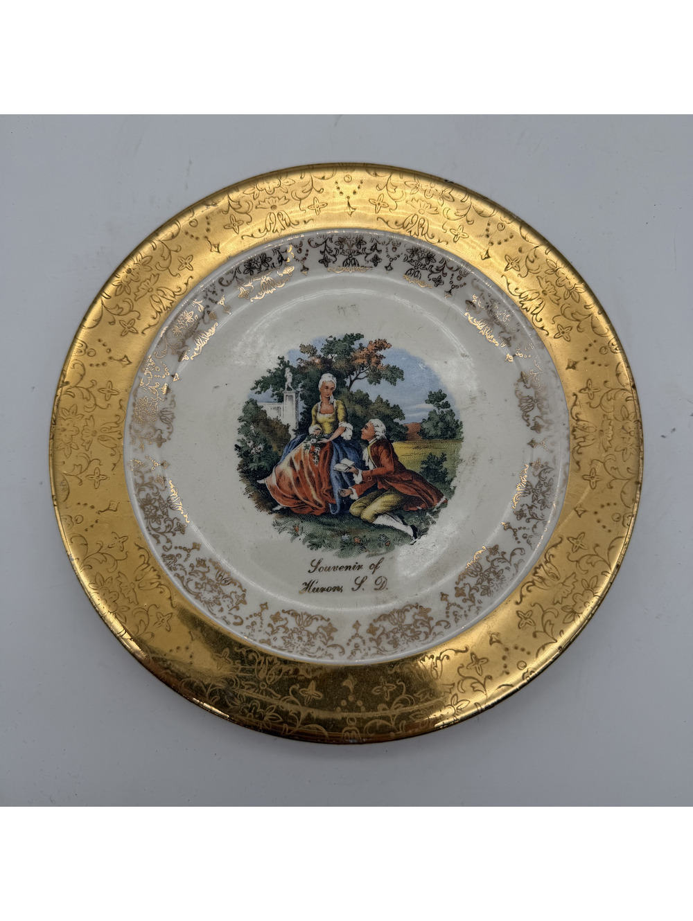 Royal Grafton Souvenir Plate with Gold Trim and Romantic Scene